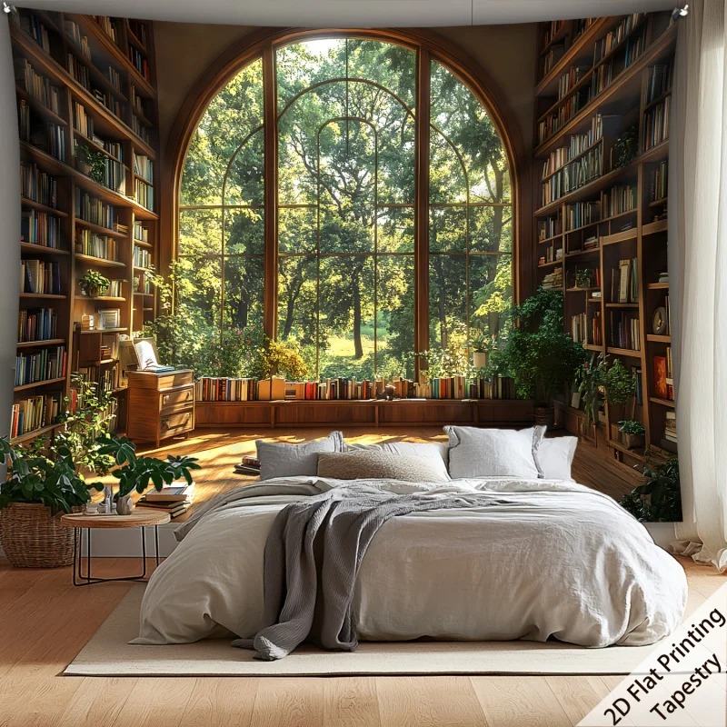 Vintage Cartoon Collectible - Vintage Window View Library Tapestry, Forest